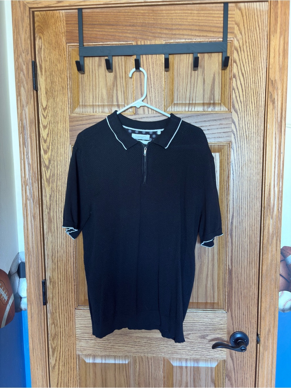 Denim & Flower Black Polo with White Trim and Zip